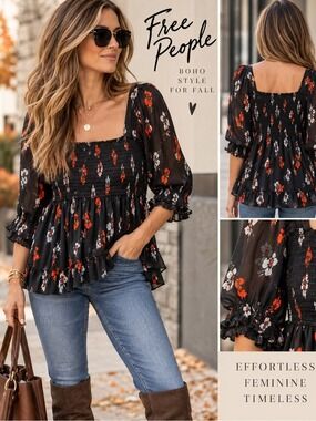 Free People Black Floral Smocked Mesh Babydoll Tunic Top M
